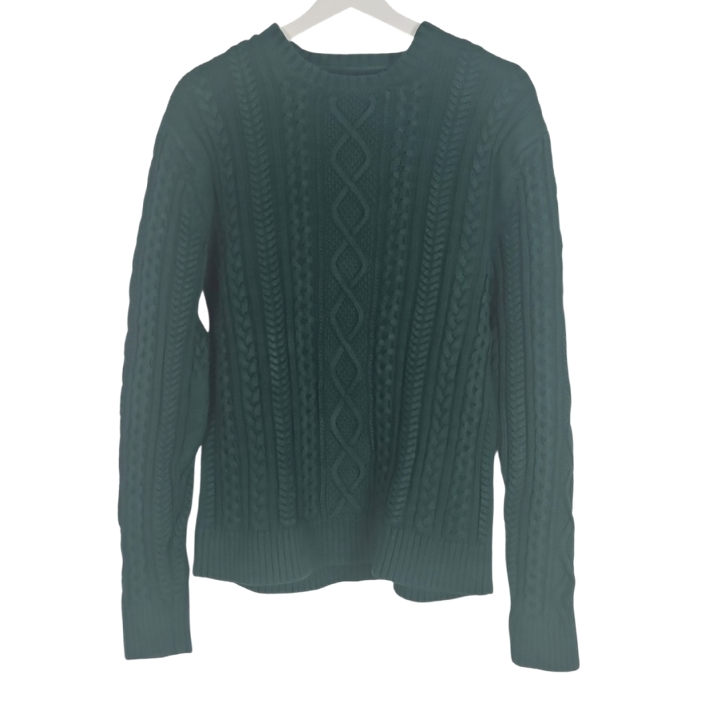 Men's Green Sweater Cable Knit Crewneck Sweater, Size M